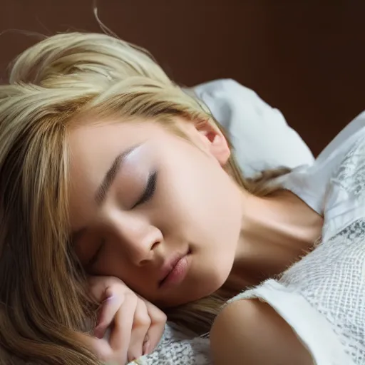 Image similar to cute young anime kawaii girl blonde hair sleeping on bed early morning full HD 4K highest quality realistic beautiful gorgeous natural