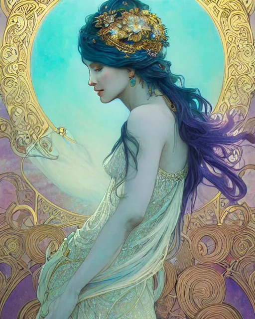 Image similar to an ethereal goddess with turquoise hair | highly detailed | very intricate | art nouveau | gold filigree | romantic storybook fantasy | soft cinematic lighting | award - winning | disney concept art watercolor illustration by mandy jurgens and alphonse mucha and alena aenami | pastel color palette | featured on artstation