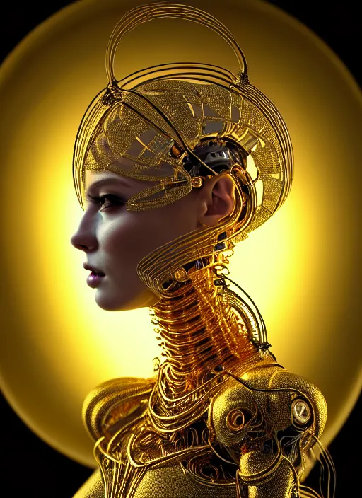 Image similar to portrait of an absurdly beautiful, graceful, sophisticated, fashionable futuristic female golden mechanoid with sections of skin showing, glowing internal light, hyperdetailed illustration by irakli nadar and alexandre ferra, intricate linework, faberge, intricate gold linework, dark atmosphere, unreal engine 5 highly rendered, global illumination, radiant light, detailed and intricate environment