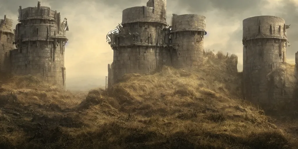 Image similar to beautiful matte painting of a giant wall with guard towers by weta workshop 8 k, cinematic dramatic atmosphere, dramatic lighting