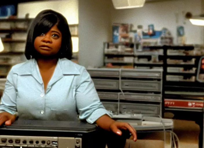 Image similar to cinematic shot of octavia spencer in an small used electronics store next to an old electronic keyboard, iconic scene from the paranoid thriller sci fi film directed by stanley kubrick, anamorphic cinematography, beautiful composition, color theory, leading lines, photorealistic, moody volumetric lighting