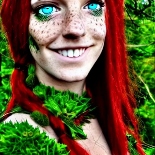 Prompt: elf druid, feminine, smiling, freckles, green eyes, red hair, tall