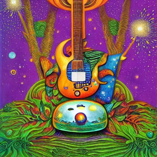 Image similar to psychedelic couch sofa in the lush forest, guitar, milky way, designed by moebius, rob gonsalves, gustav dore, giuseppe arcimboldo and carl barks, louis wain, trending on artstation, canada, star, sharp focus, colorful refracted sparkles and lines, soft light, 8 k 4 k