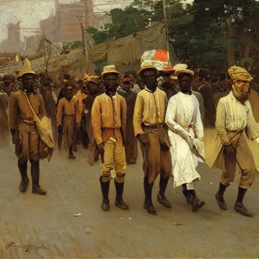 Prompt: Colonial officers walking through Lagos, 1905, masterwork, highly detailed, oil on canvas, by Ilya Repin