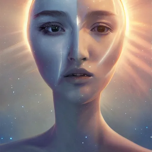 Prompt: sci - fi, close - up, 3 d, moon rays, night, cinematic, fashion model face, clouds, sun rays, vogue cover style, poster art, blue mood, realistic painting, intricate oil painting, high detail illustration, figurative art, multiple exposure, 3 d, by tooth wu and wlop and beeple and greg rutkowski
