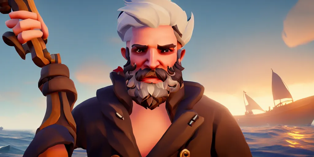 Image similar to selfie of a sea of thieves character with white beard, white hair, eye patch, sea of thieves screenshot, storm, unreal engine, digital art,