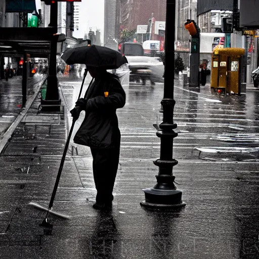 Prompt: cleaner with a mop a rainy new york street, photography