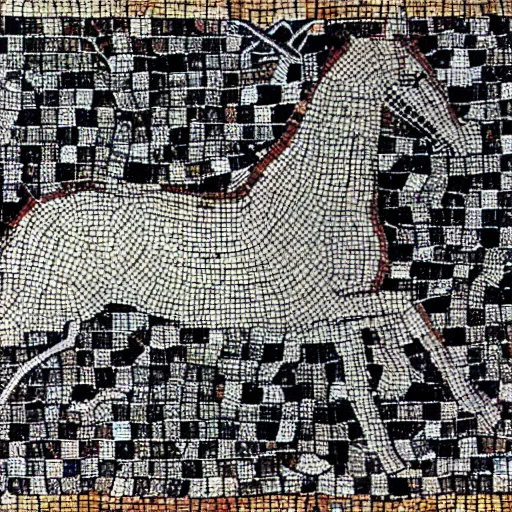 Image similar to drifting white Toyota AE86 pulled by a black horse, medieval Byzantine mosaic