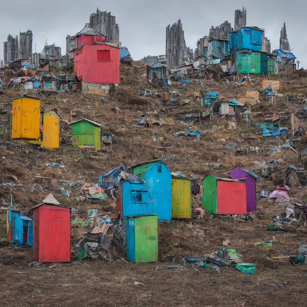 Prompt: two towers, made up of colourful makeshift squatter shacks, holes scattered, dystopia, sony a 7 r 3, f 1 1, fully frontal view, photographed by jeanette hagglund