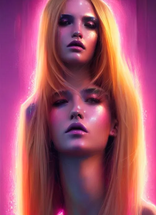 Prompt: portrait of female humanoid with dyed hair, intricate, elegant, cyber neon lights, highly detailed, digital illustration, artstation, pinterest, glamor pose, concept art, smooth, sharp focus, art by artgerm and greg rutkowski