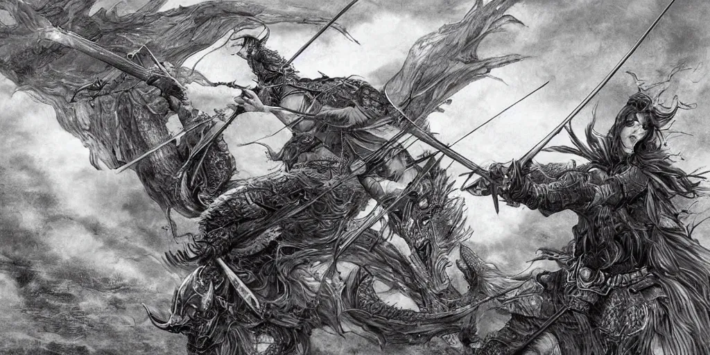 Image similar to korean archer shooting a dragon. the moon is in the sky. there is a river. dark fantasy. high resolution. detailed. digital art. dark fantasy. kentaro miura.