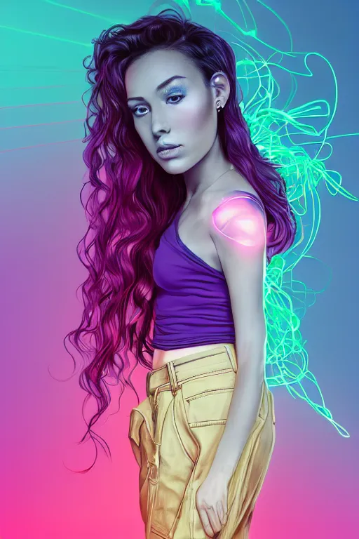 Image similar to a award winning half body portrait of a beautiful woman with stunning eyes in a croptop and cargo pants with ombre purple pink teal hairstyle and hands in pockets by thomas danthony, surrounded by whirling illuminated lines, outrun, vaporware, shaded flat illustration, digital art, trending on artstation, highly detailed, fine detail, intricate