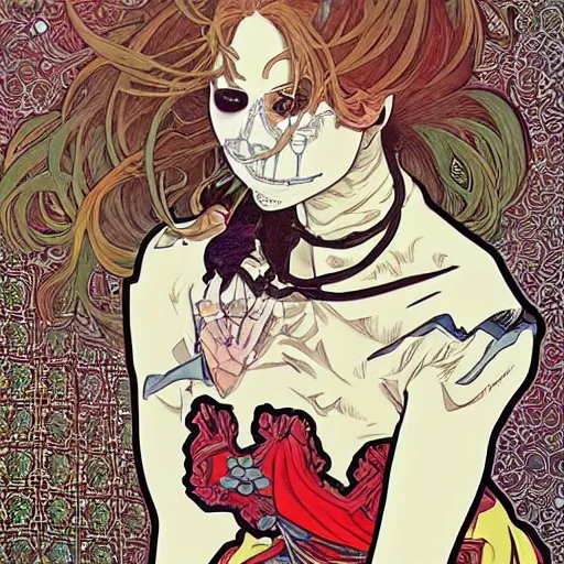 Image similar to manga skull portrait girl female skeleton realism hyperrealistic art Geof Darrow and will cotton alphonse mucha pop art nouveau