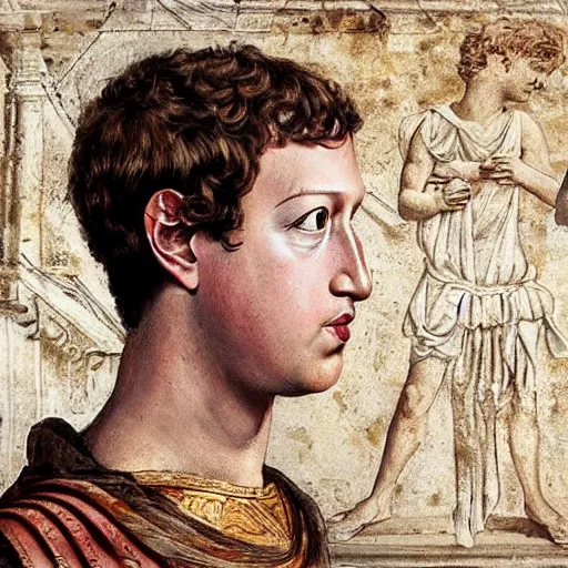 Prompt: mark zuckerberg as a roman noble senator. dressed in a toga. serious facial expression. on ancient roman fresco, detailed, intricate artwork, photo of a wall. well - preserved but faded