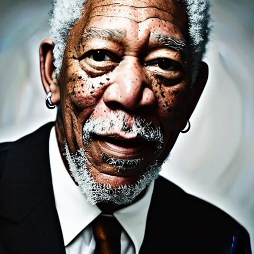 Image similar to closeup studio photograph of morgan freeman, dramatic lighting, edited in photoshop