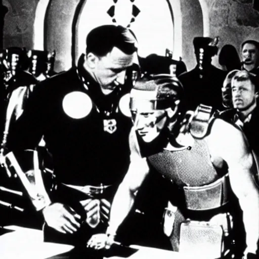 Image similar to hitler knighting schwarzenegger the terminator in a church