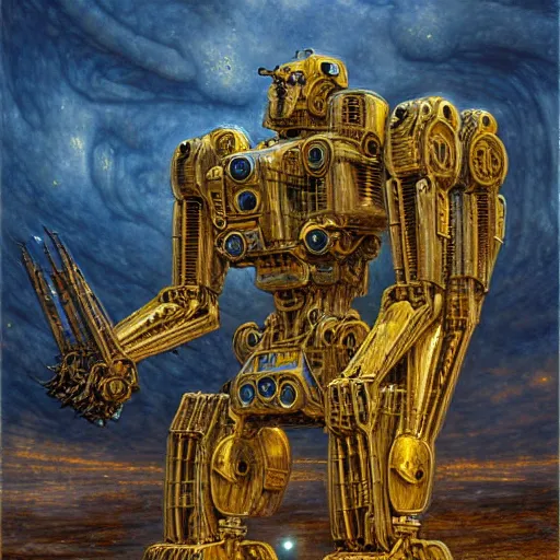 Image similar to mecha centaur, atmospheric lighting, painted, intricate, golden and blue hour, ultra detailed by peter gric, giger, enki bilal