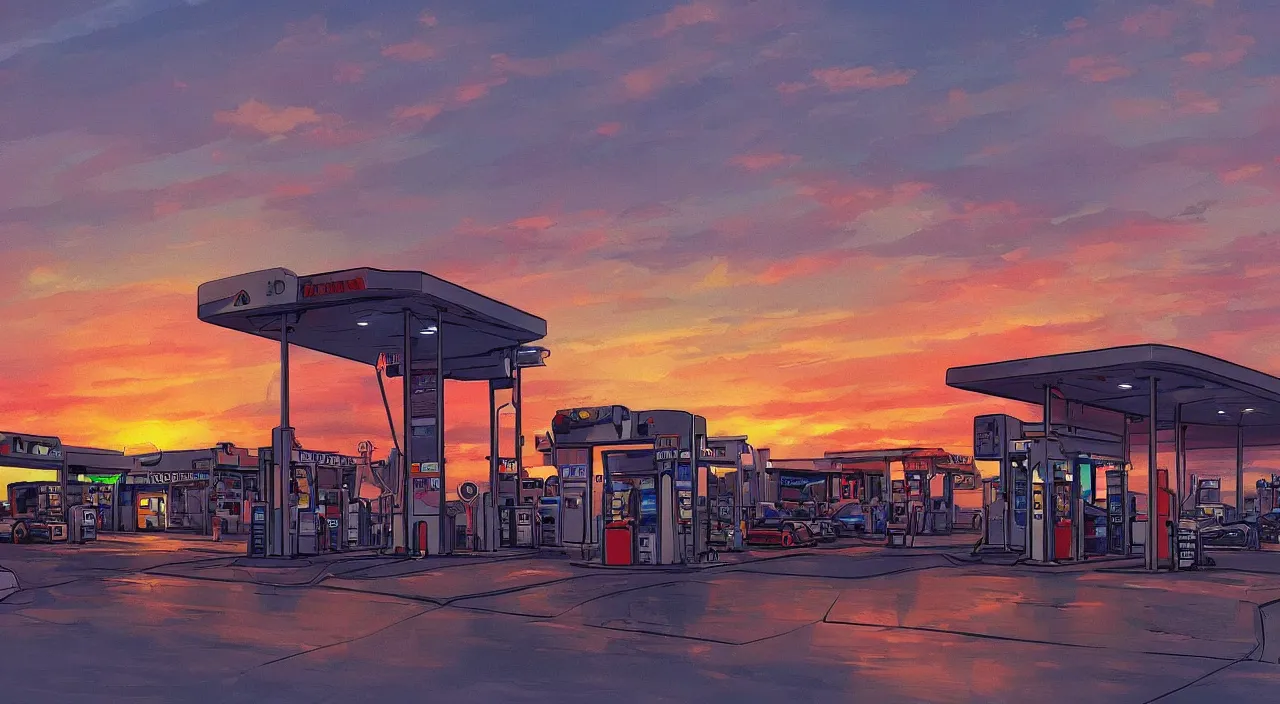 Image similar to gas station south west sunset beautiful artstation 4 k breathtaking concept art illustration cartoon by jack kirby