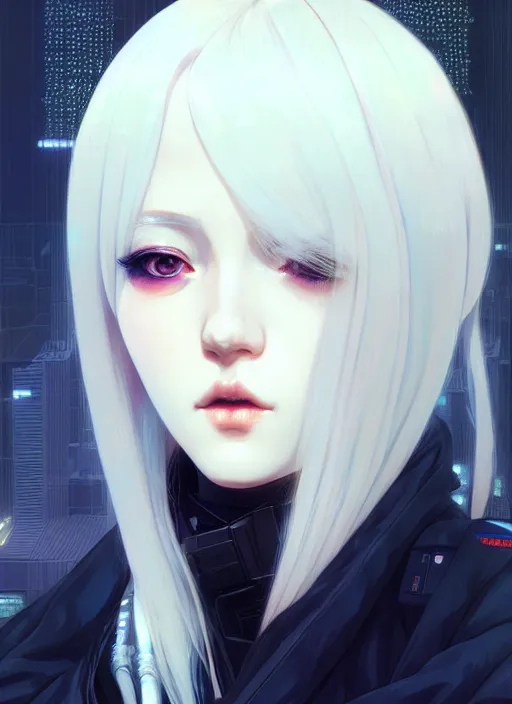 Image similar to portrait Anime girl cyberpunk, cute-fine-face, white-hair pretty face, realistic shaded Perfect face, fine details. Anime, cyberpunk. realistic shaded lighting by Ilya Kuvshinov and Gustav Klimt