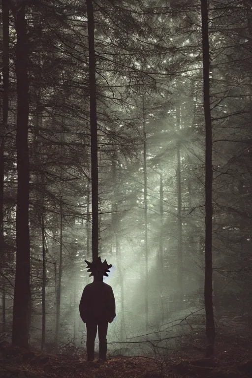 Image similar to kodak portra 4 0 0 photograph of a guy wearing a kings crown standing in a dark fantasy forest, back view, lens flare, moody lighting, moody vibe, telephoto, 9 0 s vibe, blurry background, grain, tranquil, calm, faded!,