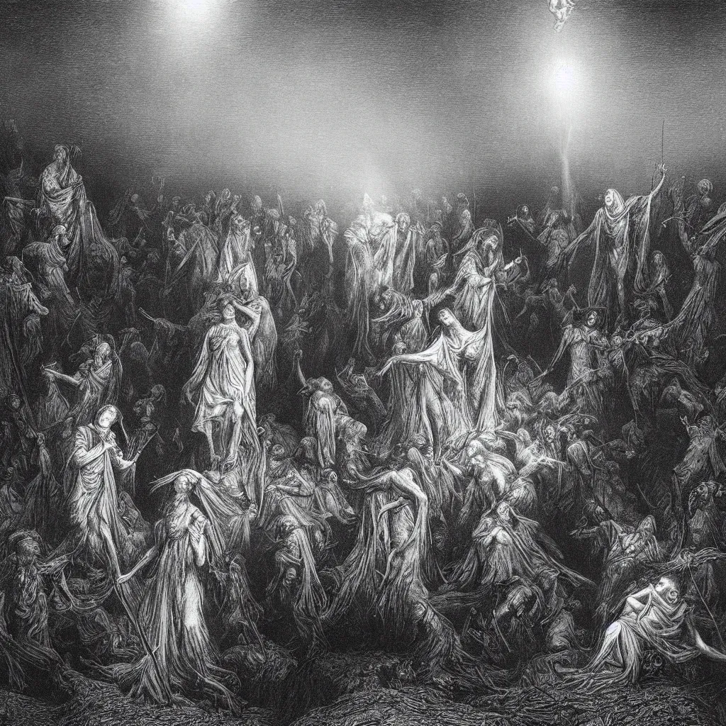 Image similar to the resurrection, creepy atmosphere, dark, portrait, realistic, very realistic, illustration by gustave dore