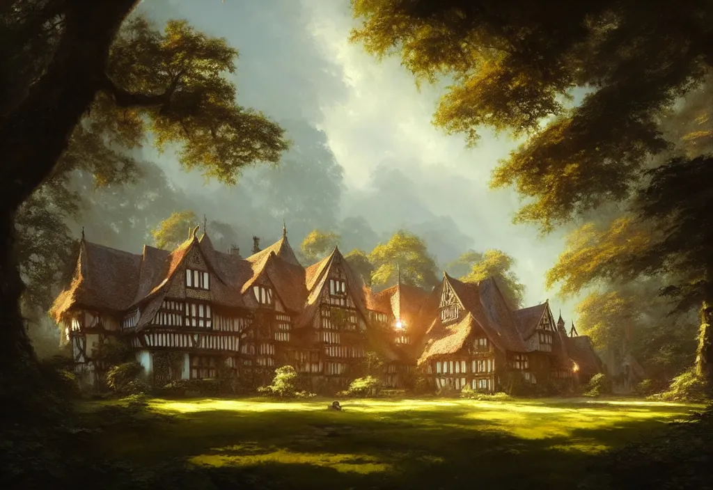 Image similar to a tudor manor house surrounded by jungle, clear blue sky, cinematic view, concept art, high detail, well lit, volumetric, godrays, vivid, trending on artstation, by jordan grimmer, art greg rutkowski
