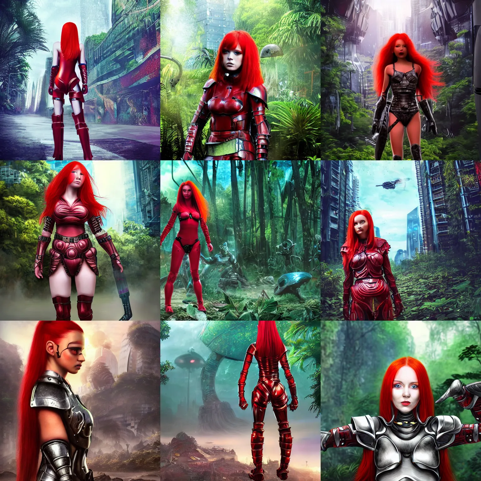 Prompt: young beautiful red hair alien warrior girl in full armor in a futuristic city in the jungle / hyper realistic