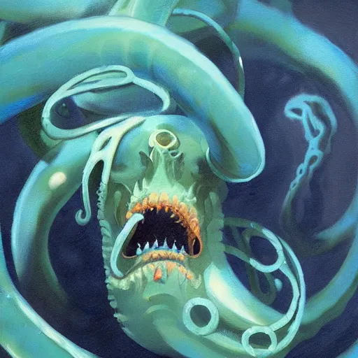 Image similar to Underwater Tentacle Pandomonium;Art by Greg Manchess, Art Direction by Jeremy Jarvis; painting spiraling inward; Deep sea horror; teeth and eyes; illustration; balanced negative space; perfect composition;