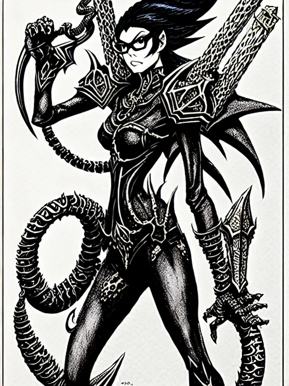 Image similar to bayonetta as a d & d monster, full body, pen - and - ink illustration, etching, by russ nicholson, david a trampier, larry elmore, 1 9 8 1, hq scan, intricate details, stylized border