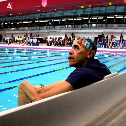 Prompt: barack obama swimming laps at the olympic pool in london
