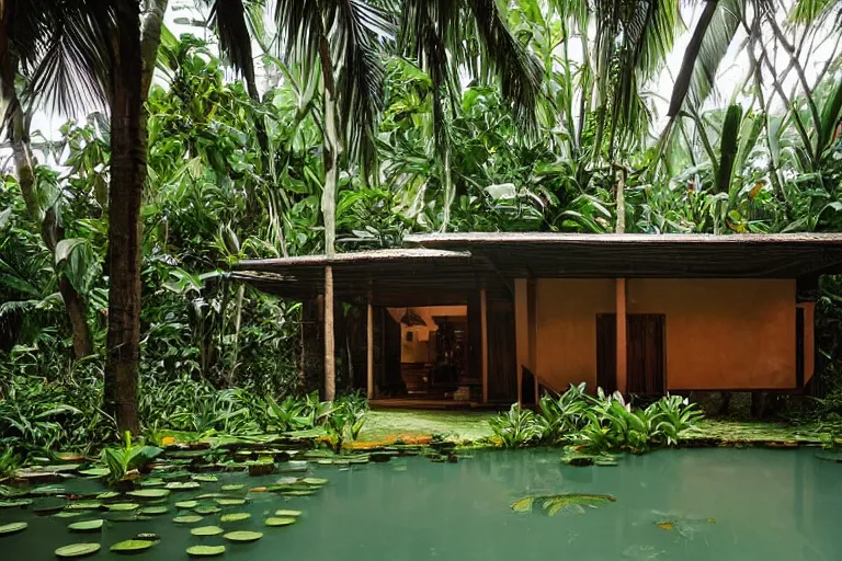 Prompt: a splendid tropical modernist bungalow designed by Geoffrey Bawa, near a lotus pond in a jungle in Goa, photographed by Harry Gruyaert, shot on large format film camera, beautiful lighting, trending on VSCO,