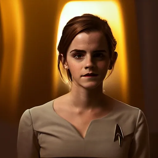 Image similar to Emma Watson in Star Trek, XF IQ4, f/1.4, ISO 200, 1/160s, 8K, RAW, Dolby Vision, symmetrical balance, in-frame