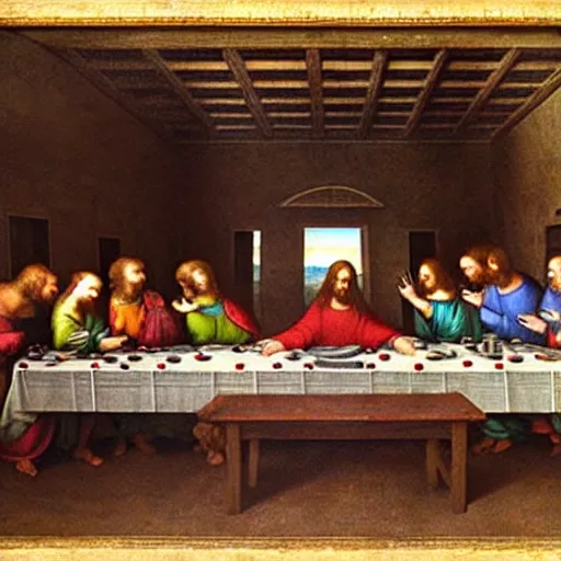 Prompt: last supper painting by da vinci, but they're all looking at their smartphones and not paying attention to each other