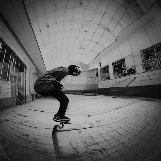 Image similar to “ a highly detailed photo of a clown skateboarding in an abandoned mall, fisheye lens, sharp focus, award winning, 8 k ”