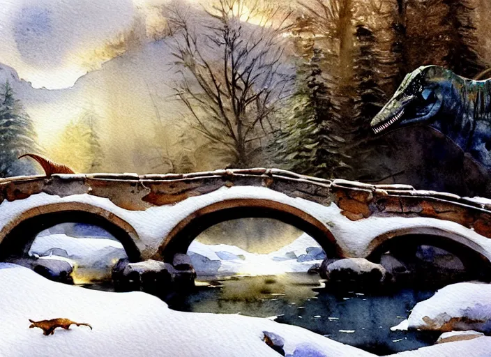 Image similar to watercolor of faraway dinosaur on rustic stone bridge in winter landscape, glistering, high detailed art by dennis miller bunker, work by anders zorn, wonderful masterpiece by greg rutkowski, beautiful cinematic light, american romanticism by greg manchess, creation by tyler edlin
