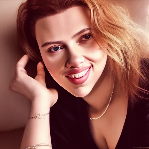 Image similar to intricate beautiful portrait of a young scarlett johansson,, hair in a ponytail, smiling softly, casual clothes, relaxing on the couch, home interior, golden hour, close up shot, 8 k, hyperreal art by irakli nadar, hyperrealism, hyperdetailed, ultra realistic