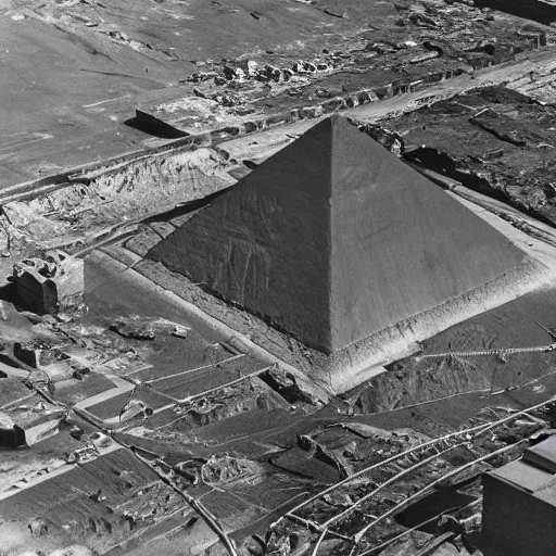 Image similar to an aerial photograph of future prospective site for a pyramid at giza with the early stages of construction and heavy scaffolding clearly visible, dslr