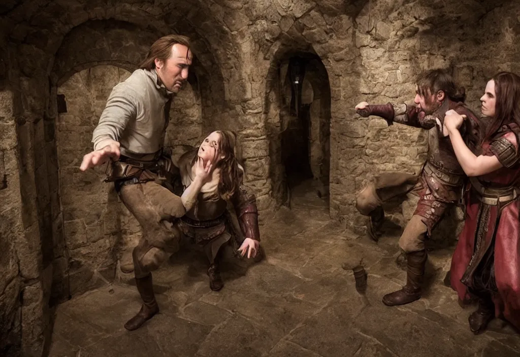 Prompt: photography emma watsons fight with nicholas cage in a medieval wine cellar detailed matte painting, cinematic