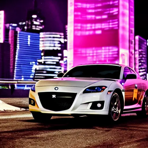 Prompt: grey RX-8 driving through stylized synthwave city night time beautiful