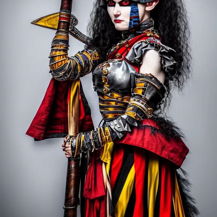 Image similar to full body photo of a real - life very beautiful female harlequin warrior, 8 k, hdr, smooth, sharp focus, high resolution, award - winning photo