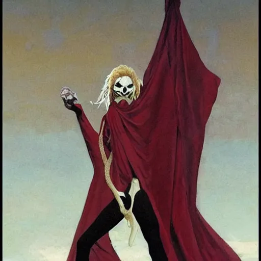 Image similar to flowing, evocative by robert mcginnis. a beautiful body art of a horned, red - eyed, skeleton - like creature, with a long black cape, & a staff with a snake wrapped around it, standing in front of a castle atop a cliff.