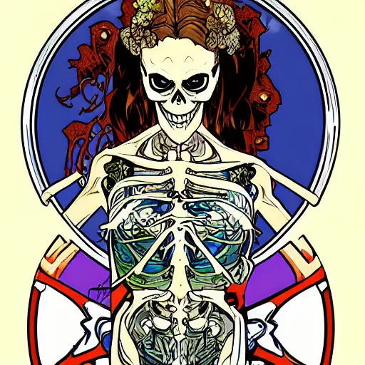 Prompt: comic book skull portrait gta5 girl cartoon skeleton illustration style by Alphonse Mucha pop art nouveau