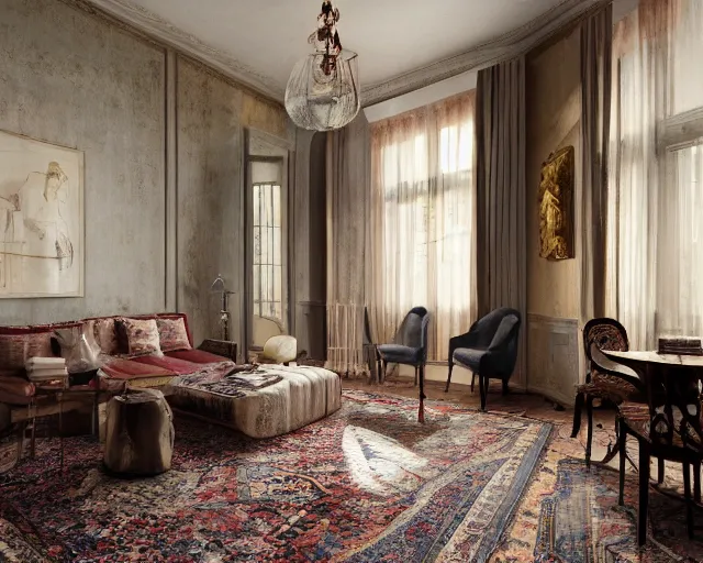 Prompt: a beautiful open space apartment with persian rugs and antique furniture designed by mark mills and nathaniel owings, interior design, architecture, key lighting, soft lights, by steve hanks, by edgar maxence, by caravaggio, by michael whelan, by delacroix, by serov valentin, by tarkovsky, 8 k render, detailed, oil on canvas