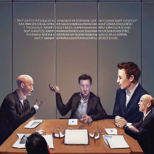 Image similar to portrait of elon musk, mark zuckerberg, jeff bezos, in meeting together, same table, very detailed, art contest winner on behance, trendy on deviant art, by by artgem, greg rutkowski