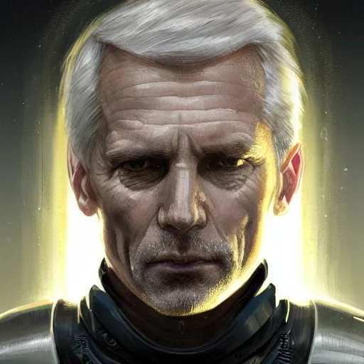 Image similar to Portrait of a man by Greg Rutkowski, he is about 60 years old, short blond hair, athletic and strong, straight jaw, wearing a futuristic tactical gear, expression of determination with weariness and resignation, older brother vibes, highly detailed portrait, digital painting, artstation, concept art, smooth, sharp foccus ilustration, Artstation HQ.