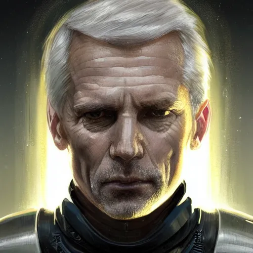 Prompt: Portrait of a man by Greg Rutkowski, he is about 60 years old, short blond hair, athletic and strong, straight jaw, wearing a futuristic tactical gear, expression of determination with weariness and resignation, older brother vibes, highly detailed portrait, digital painting, artstation, concept art, smooth, sharp foccus ilustration, Artstation HQ.