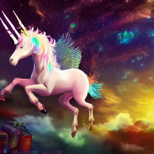 Image similar to 8 k capture scan of a iridescent unicorn with wings dancing in a garbage dump, the sky has the milky way, high textured, conceptual, intricate detailed painting, illustration sharp detail, manga 1 9 9 0