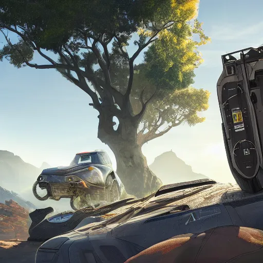 Prompt: electric vehicle plugged into a sci - fi battery from apex legends, daytime, a sense of hope and optimism, hyper realistic, high res, 4 k, warm light, peaceful, serene