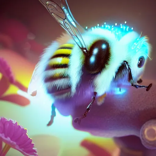 Image similar to Close up shot of Adorable Bee, ultra high detail, huggy wuggy from poppy playtime video game, ultra high detailed, glowing lights, oil painting, Greg Rutkowski, Charlie Bowater, Beeple, unreal 5, DAZ, hyperrealistic, octane render, RPG portrait, dynamic lighting, fantasy art, beautiful face