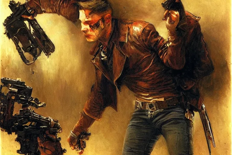 Image similar to a thirty - five year old contract killer named cobalt. he wears a brown leather jacket with a bloody white t - shirt tucked into his jeans. art by gaston bussiere.